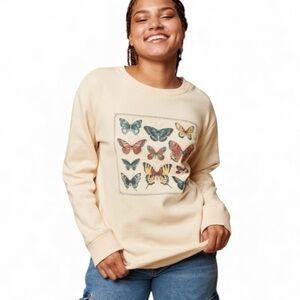 EARTHBOUND Trading Co Butterfly Butterflies Cream Sweatshirt Pullover NWT S